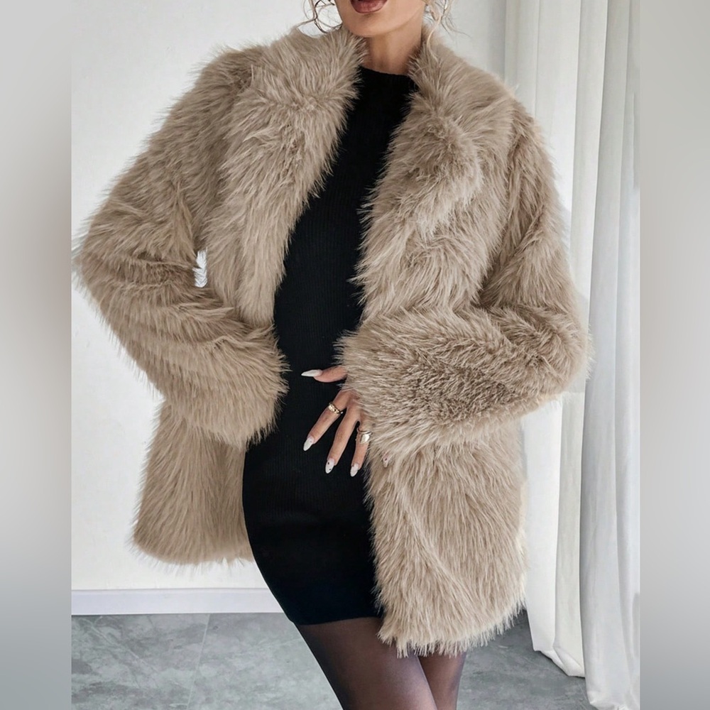 LAST CHANCE ❤️ Luxury faux fur coat lapel collar jacket tan brown - Picture 1 of 5